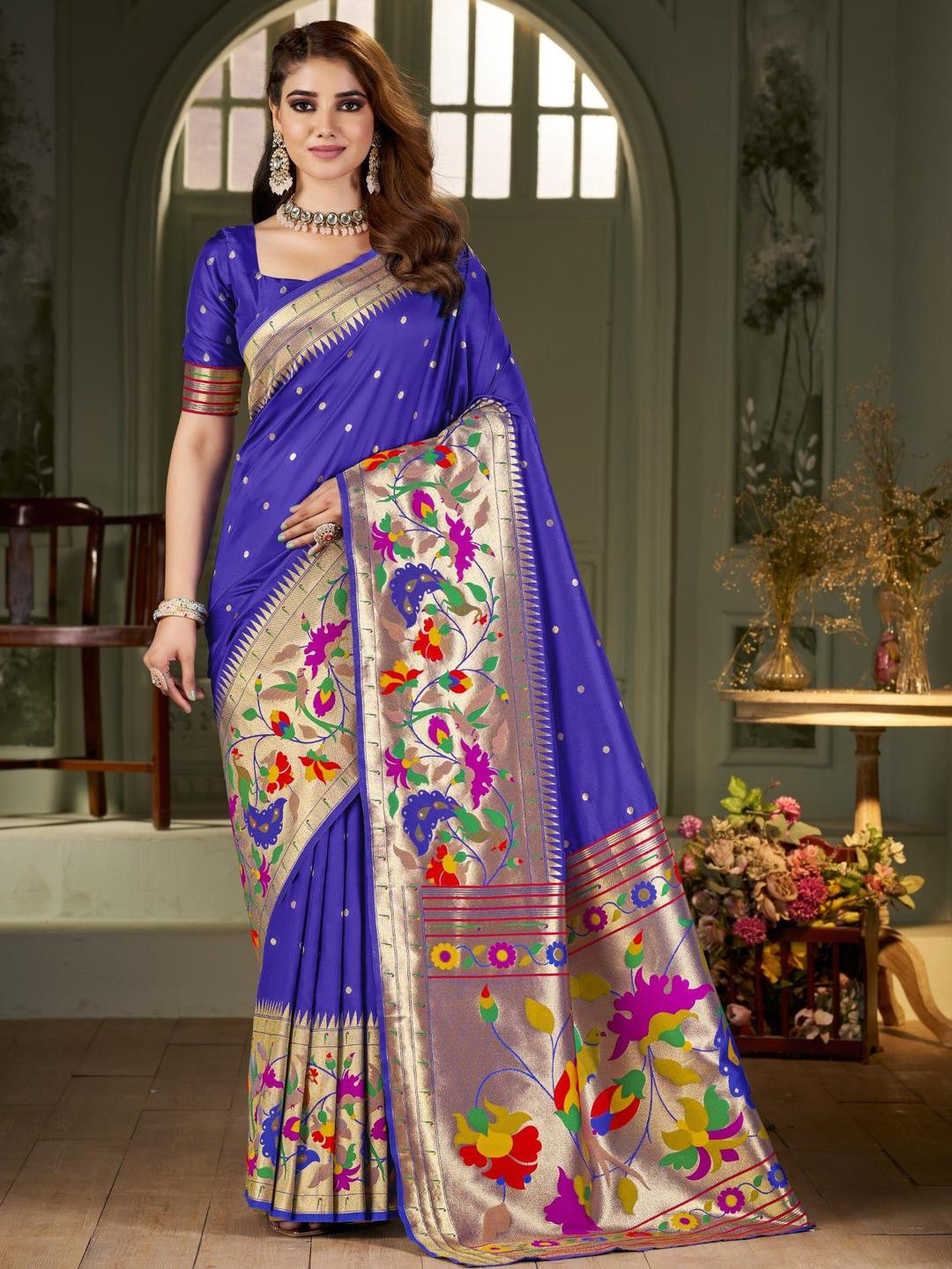 KALINI Kanjeevaram Paithani Silk Saree With Matching Blouse Piece