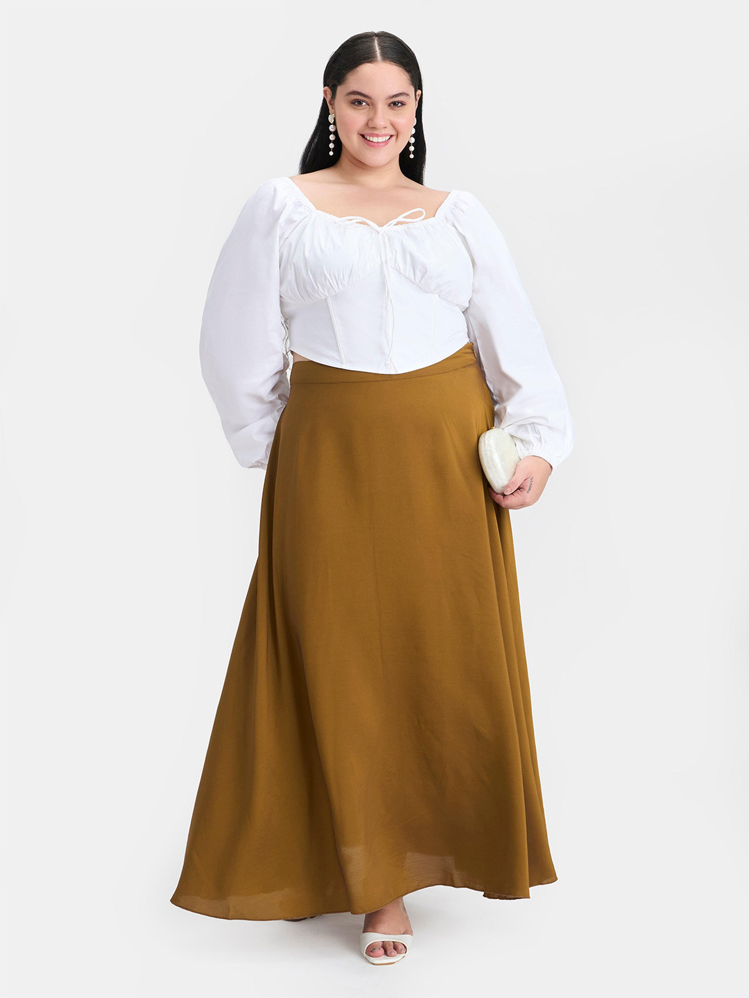 Virgio Plus Size Women Cotton Sweetheart Neck Crop Solid Long Sleeves Plus Size Top