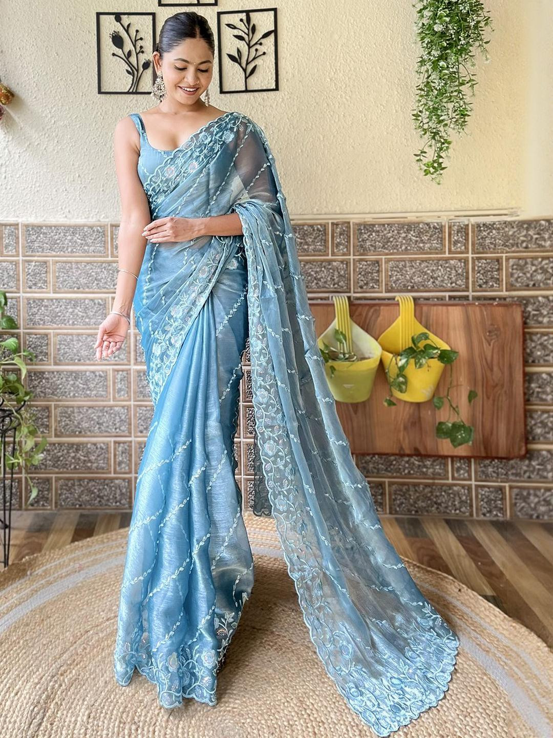 KALINI Floral Embroidery Work Saree With Unstitched Blouse Piece