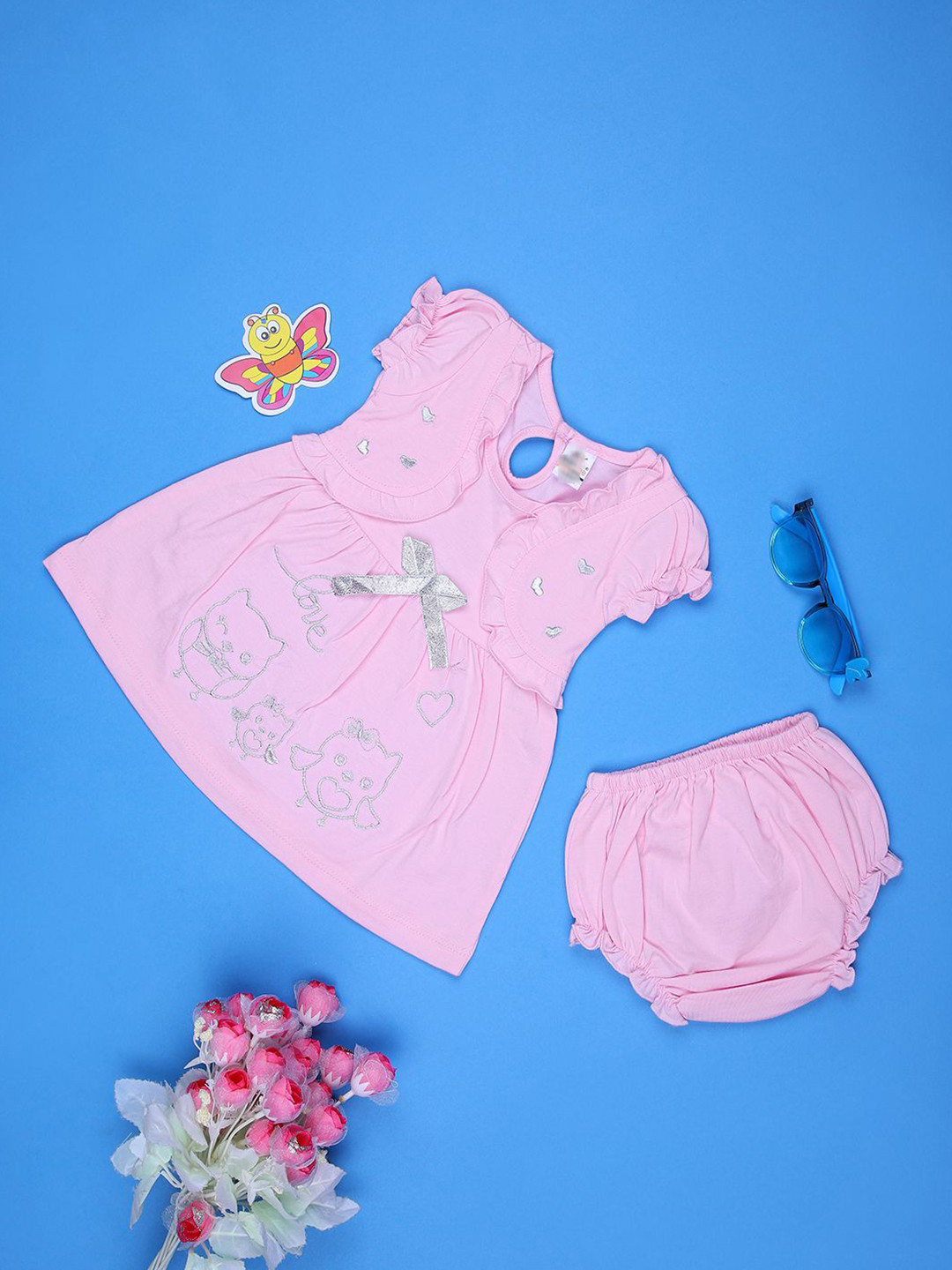 V-Mart Girls Embroidered Puff Sleeve Ruffled Fit & Flare Dress With Headband & Shorts