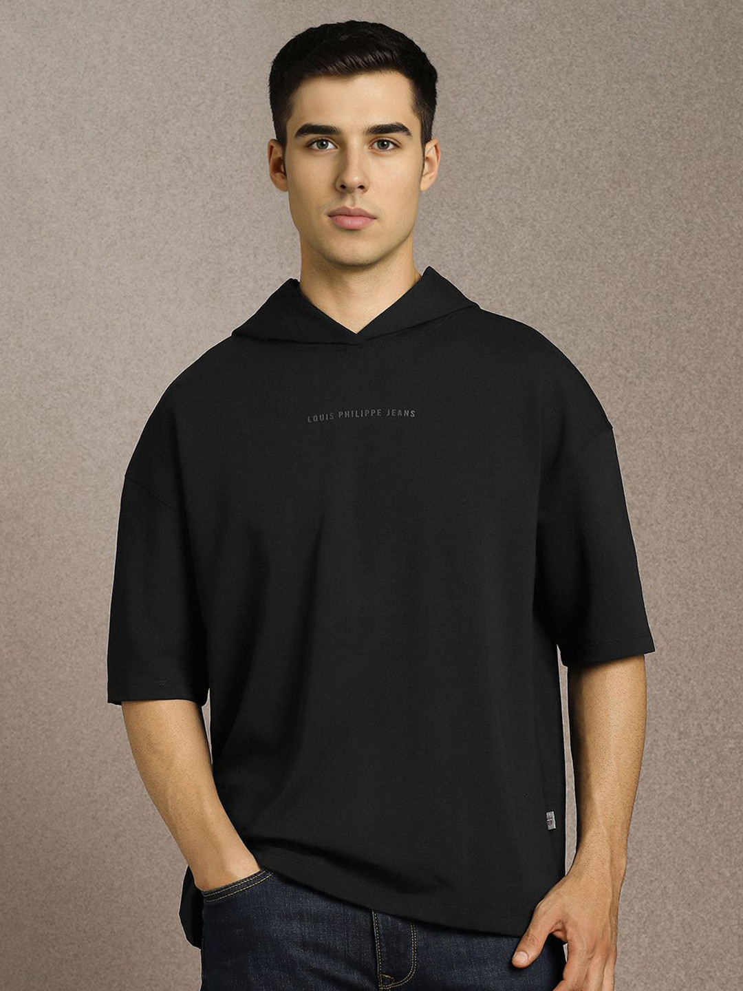Louis Philippe Jeans Men Self Design Hooded Relaxed Fit Cotton T-shirt