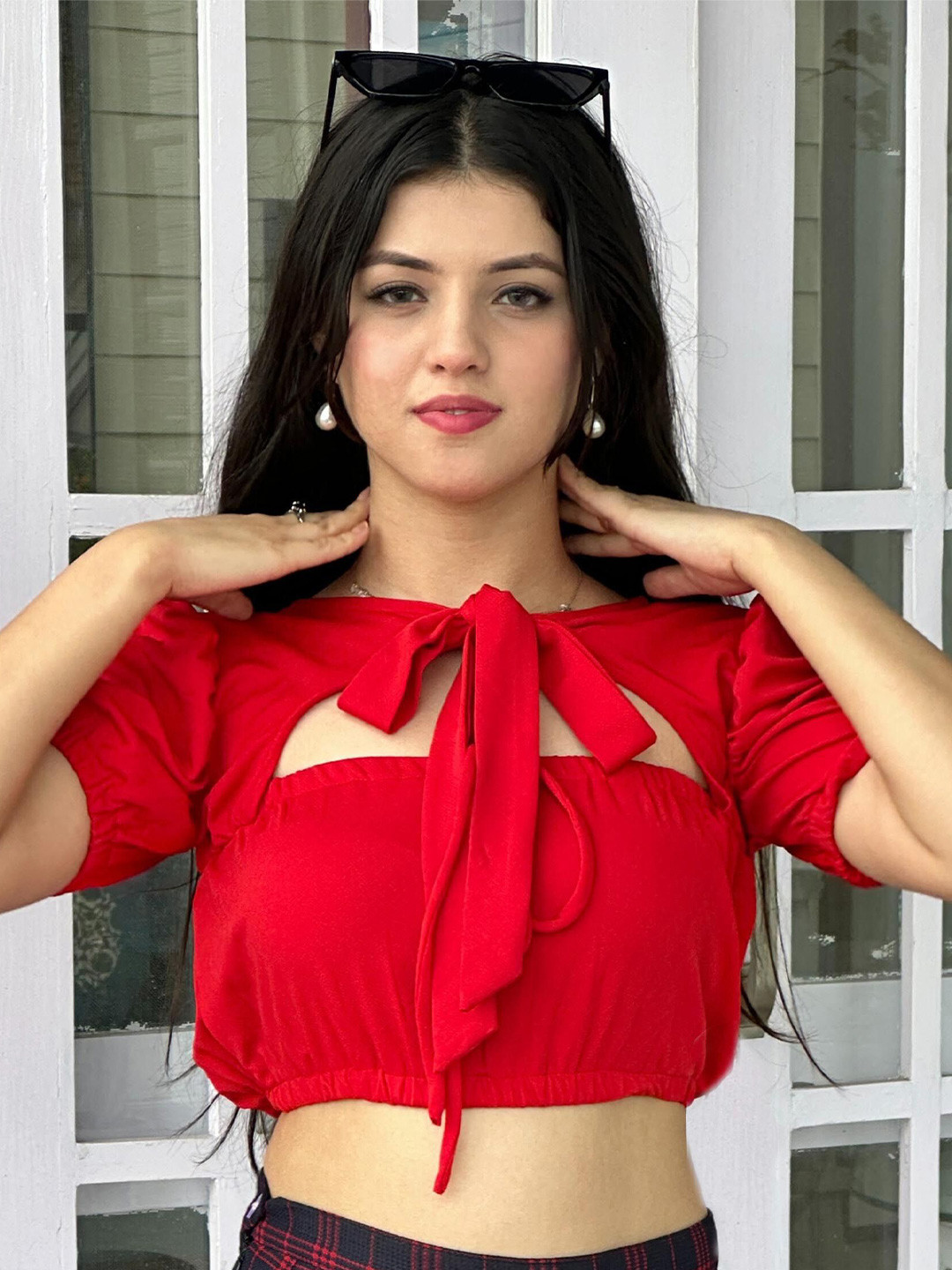 TANDUL Women Casual Puff Sleeves Solid Red Top