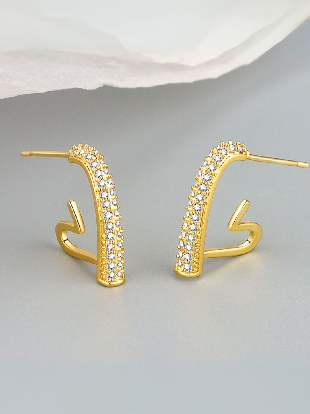 COOLWOOL Gold-Plated Korean Artificial Stones Studded Heart Shaped Half Hoof Earrings