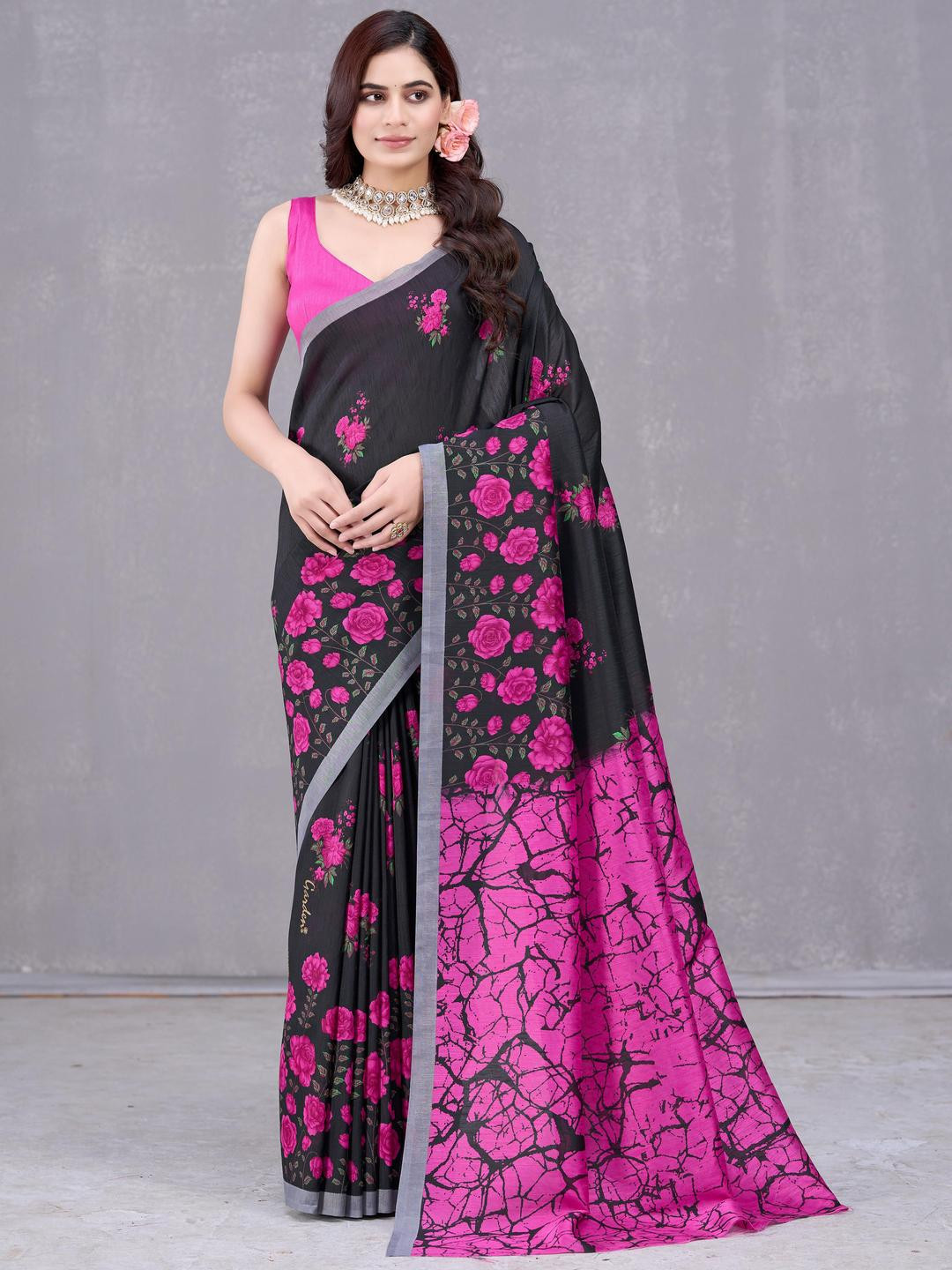 Garden Vareli Floral Printed Cationic Silk Saree With Blouse Piece