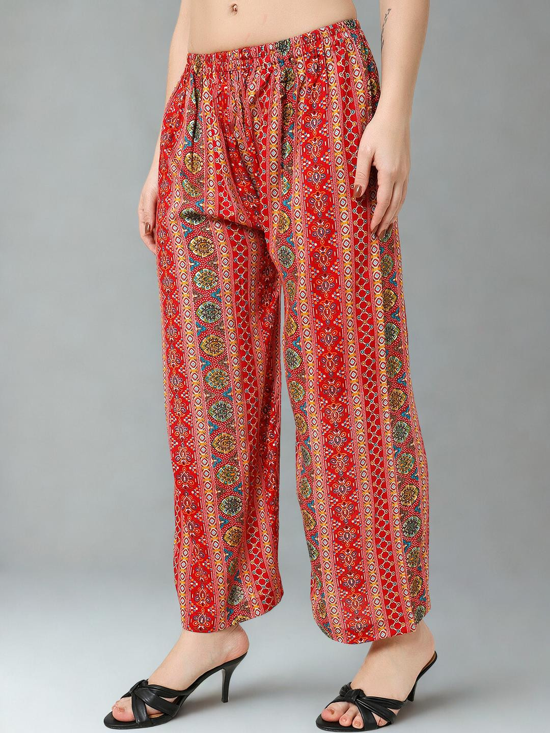 Mytrendzs Women Red & Multicolour Ethnic Printed Rayon Palazzo