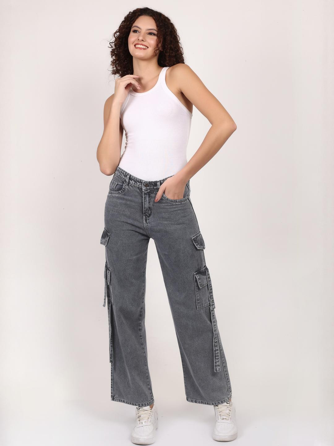 Womens Grey High-Rise Cargo Denim Jeans