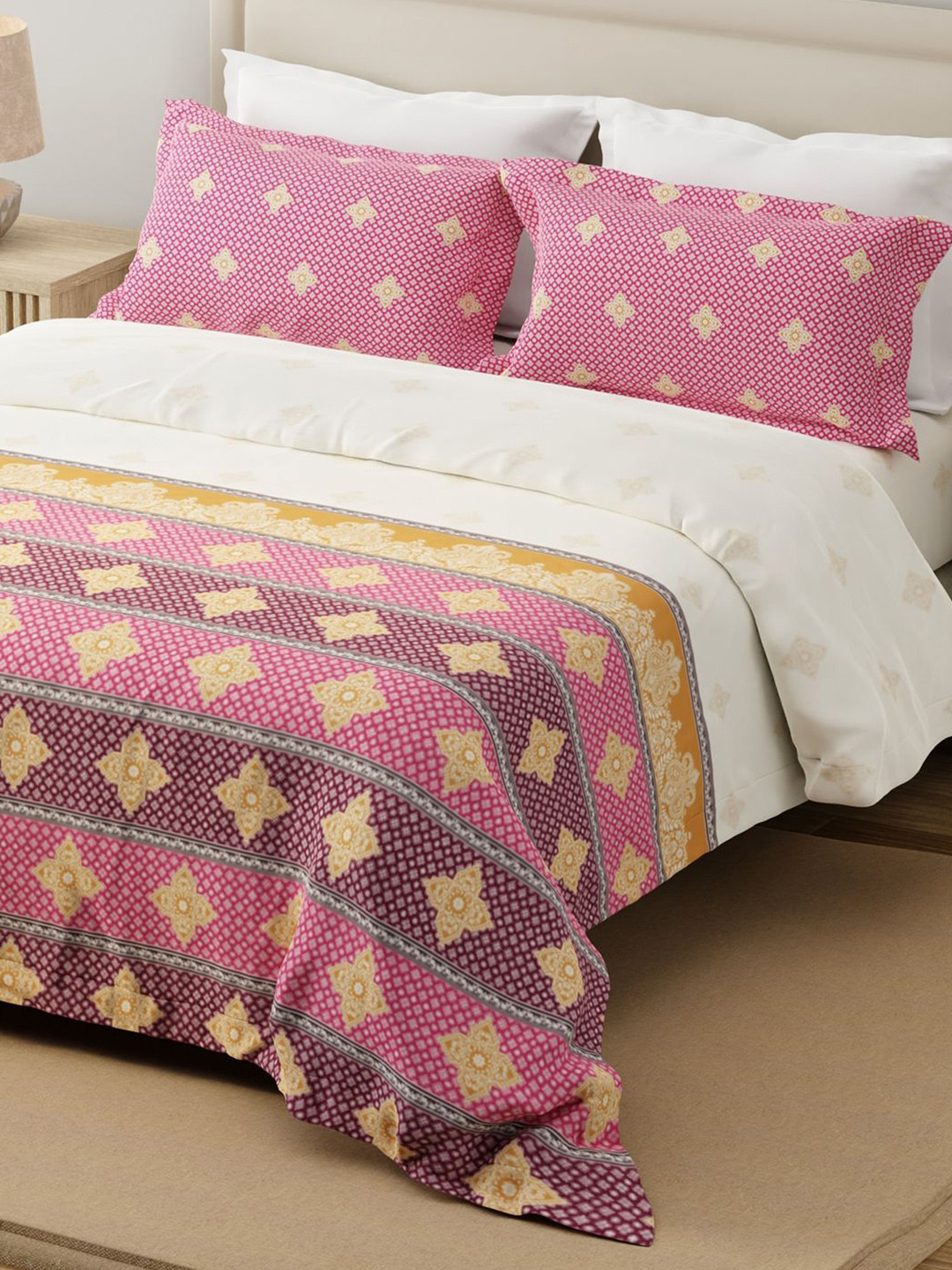 Layers Forever Pink Ethnic Motifs Pure Cotton 120 TC Double King Bedsheet Set-2.74mx2.74m