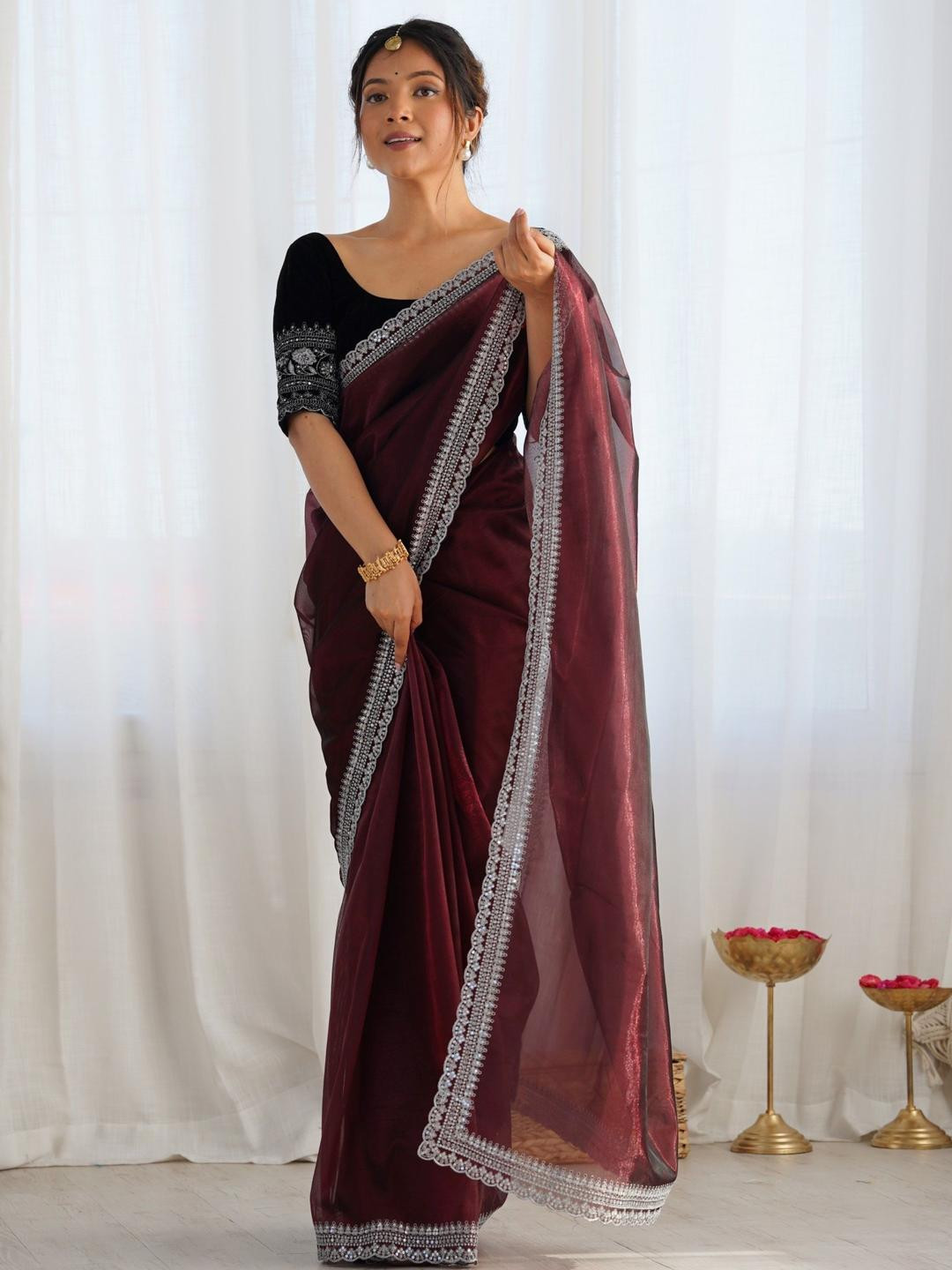 KALINI Embroidered Lace Border Sequinned  Net Saree With Unstitched Blouse Piece
