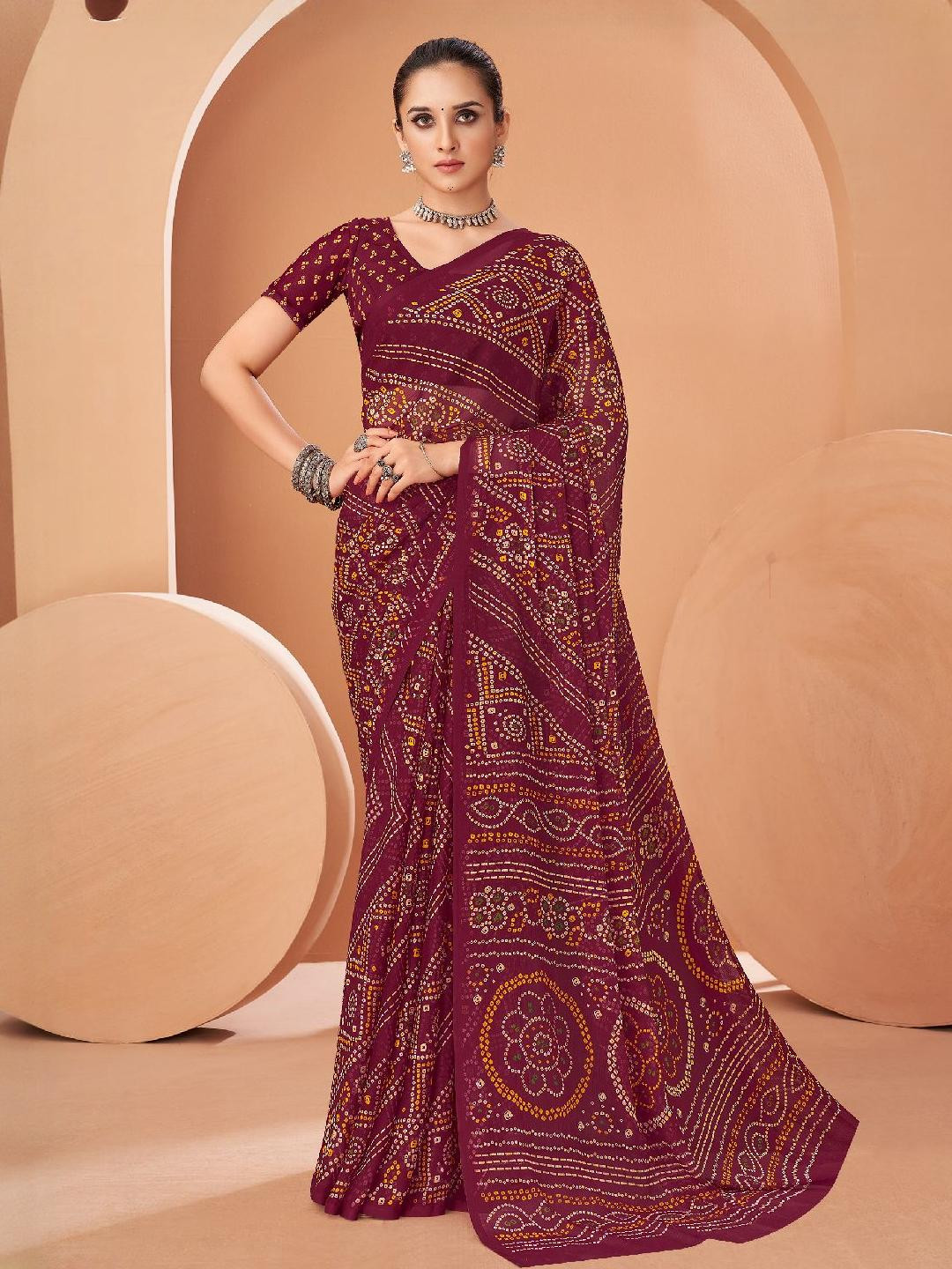 KALINI Bandhani Saree With Attached Lace & Matching Blouse Piece