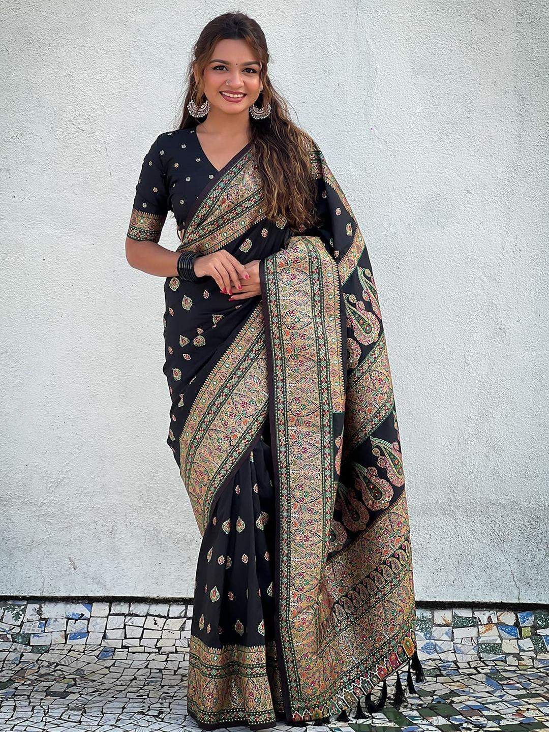 KALINI Black Pashmina Silk Kashmiri Work Saree With Unstitched Blouse Piece
