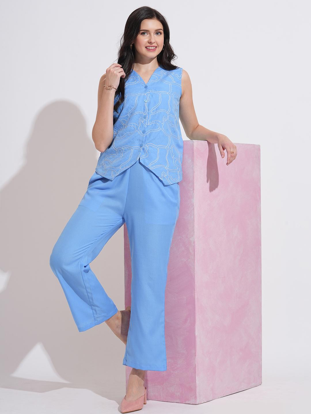 Murcia Women's Solid Blue Embroided Waistcoat Co-ord Set