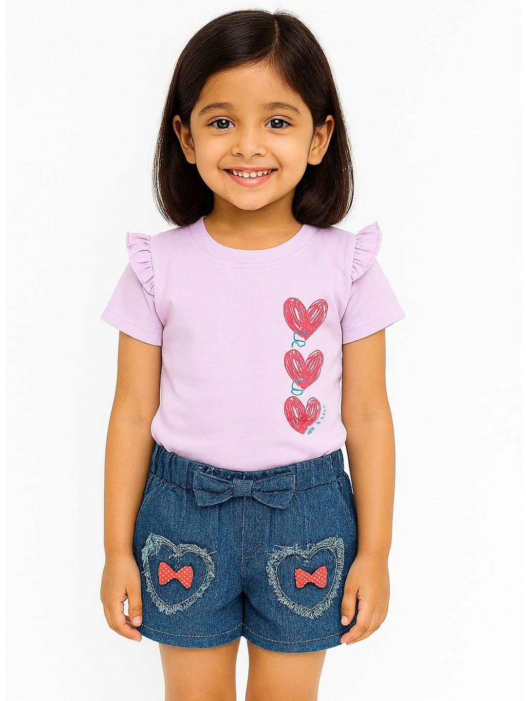 POP STREET KIDS RuffleSleeve Tee & HeartPocket Girls Printed Top with Shorts