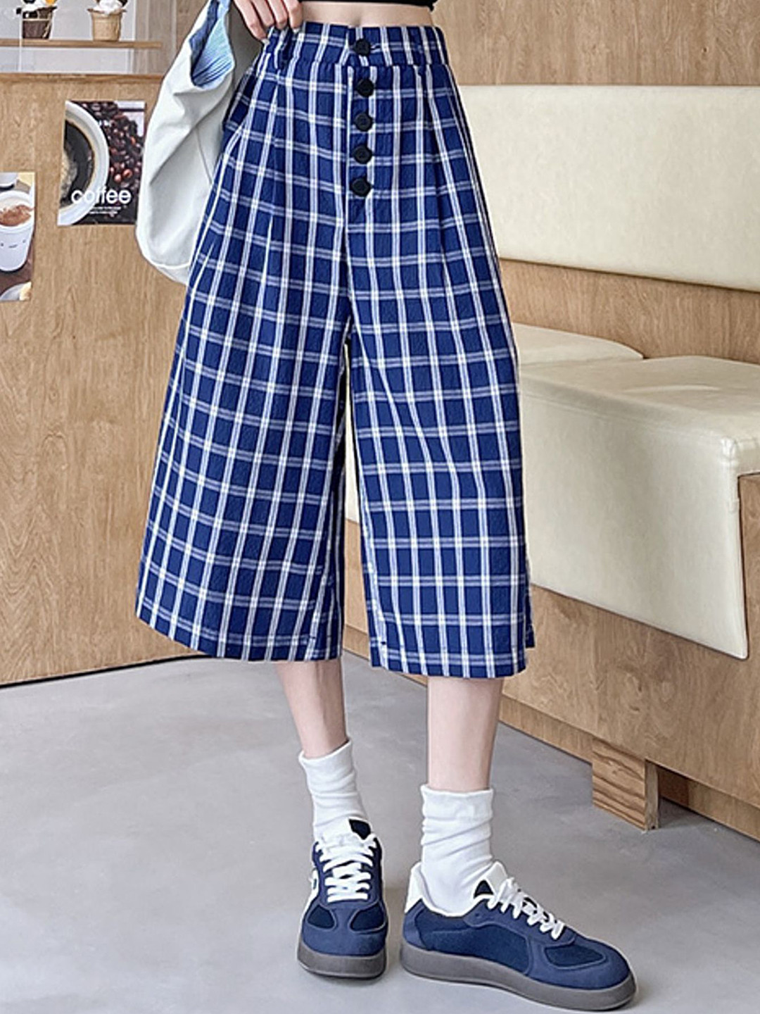 LULU & SKY Women Checked High-Rise Pleated Buttoned Culottes Trousers