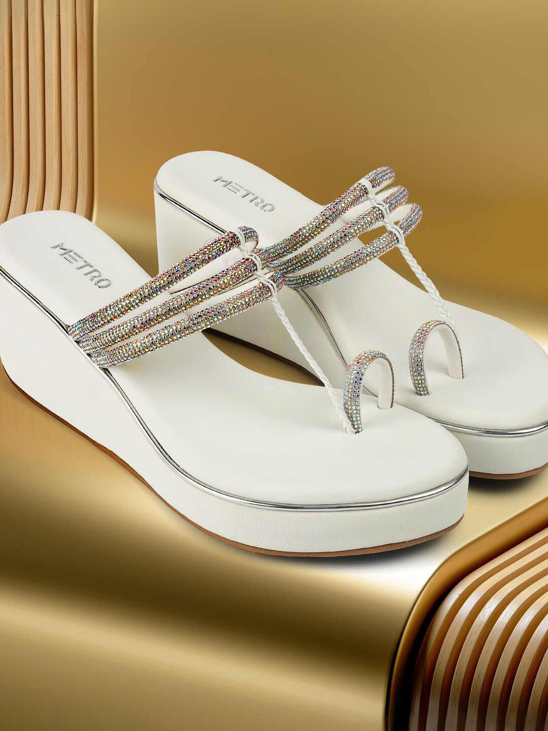 Metro Women Embellished Beaded Open Toe Wedge Heled Sandals