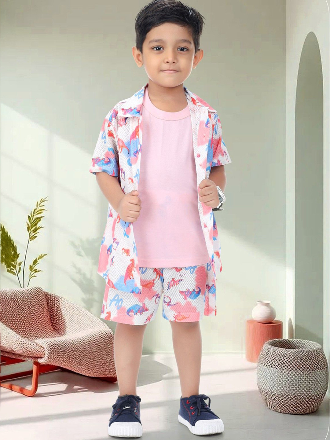 NEW GEN Boys Animal Graphic Printed T-shirt and Shirt with Shorts