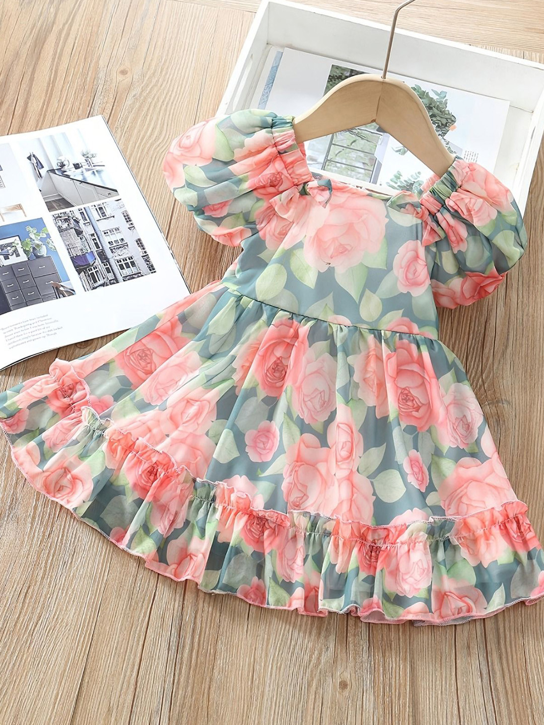 BAESD Girls Floral Printed Square Neck Puff Sleeve Chiffon Fit and Flare Dress With Bow