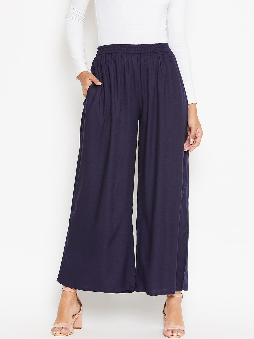 MJ LIFE STYLE Women Navy Blue Solid Casual Wide Leg Palazzos