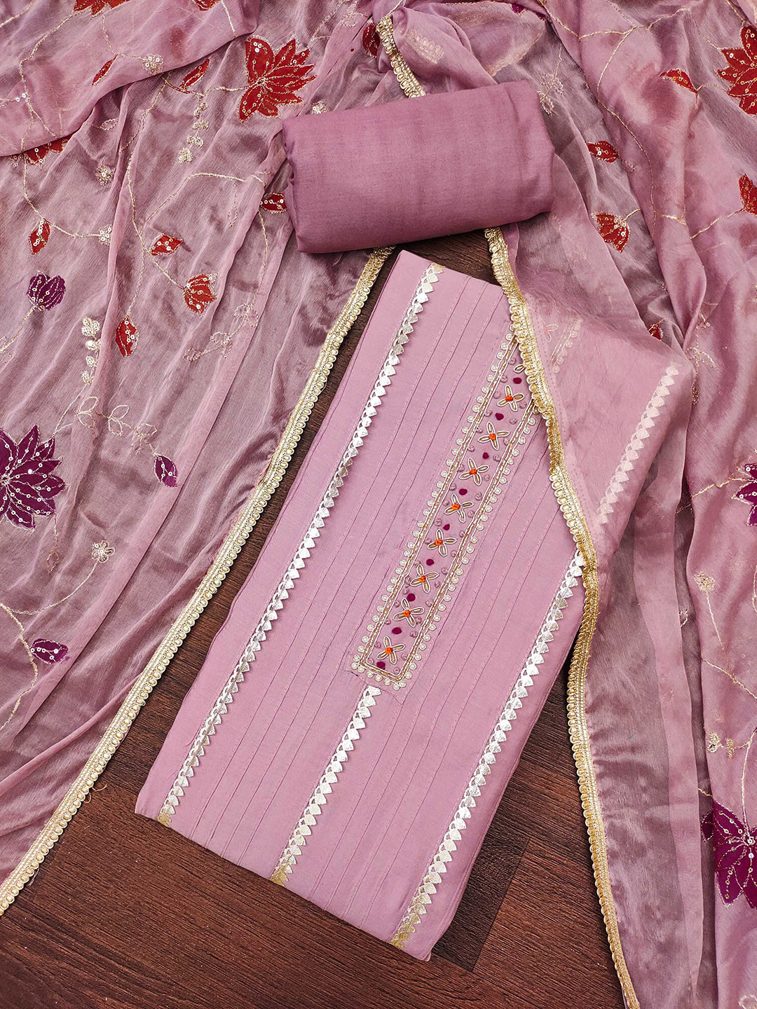 KALINI Striped Embellished Beads & Stones Roman Cotton Unstitched Dress Material