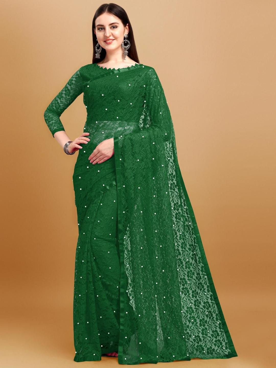 LOROFY Floral Lightweight Beaded Net Brasso Saree with Unstitched Blouse Piece