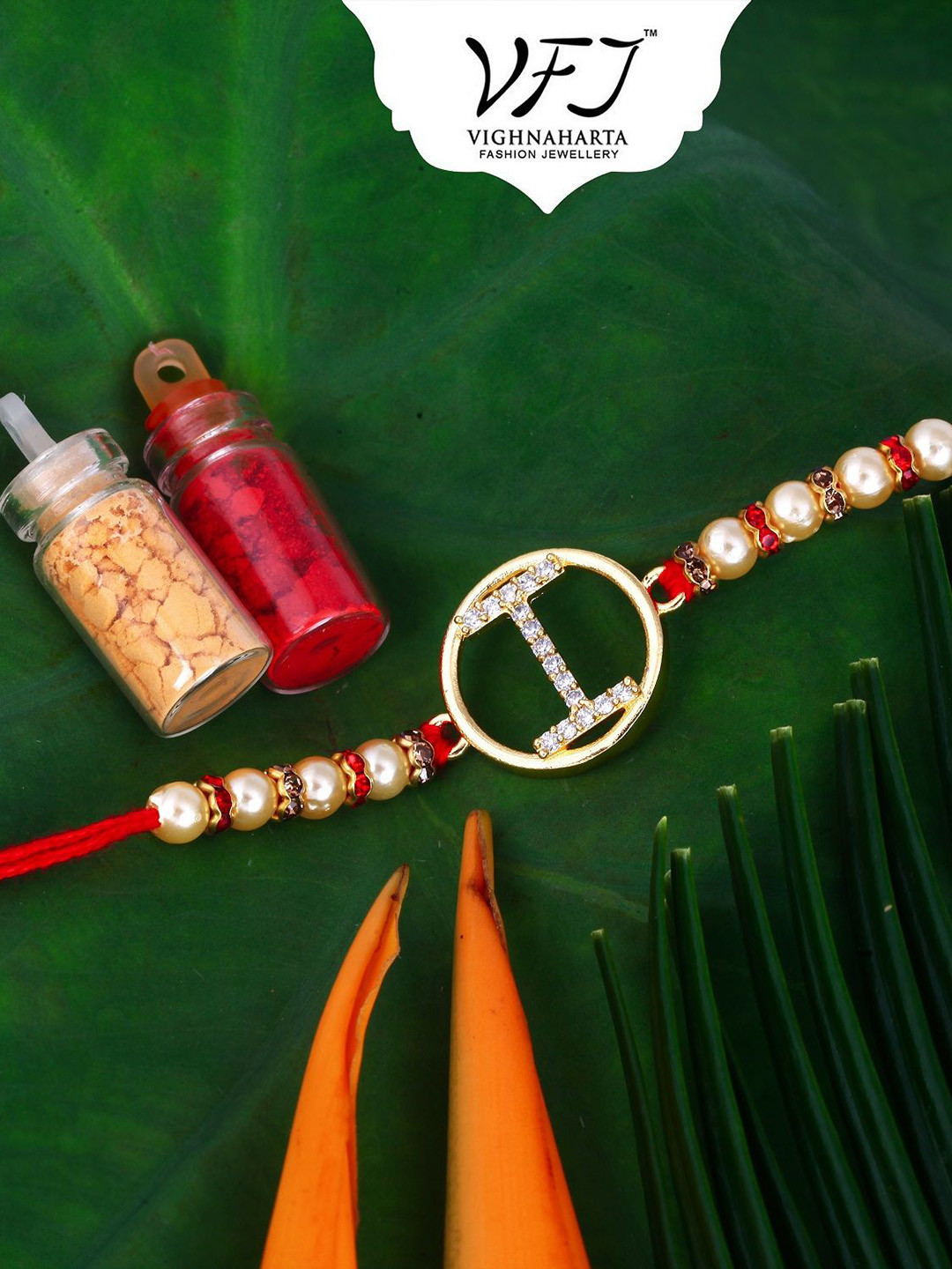 Vighnaharta Gold Plated Cubic Zirconia Studded I Alphabet Thread Rakhi