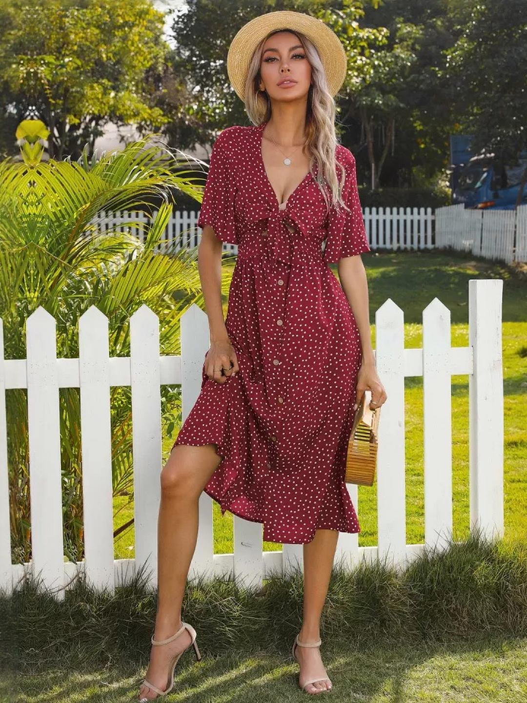 TAGVE Womens Burgundy & White Polka Dress A Line Midi Dress