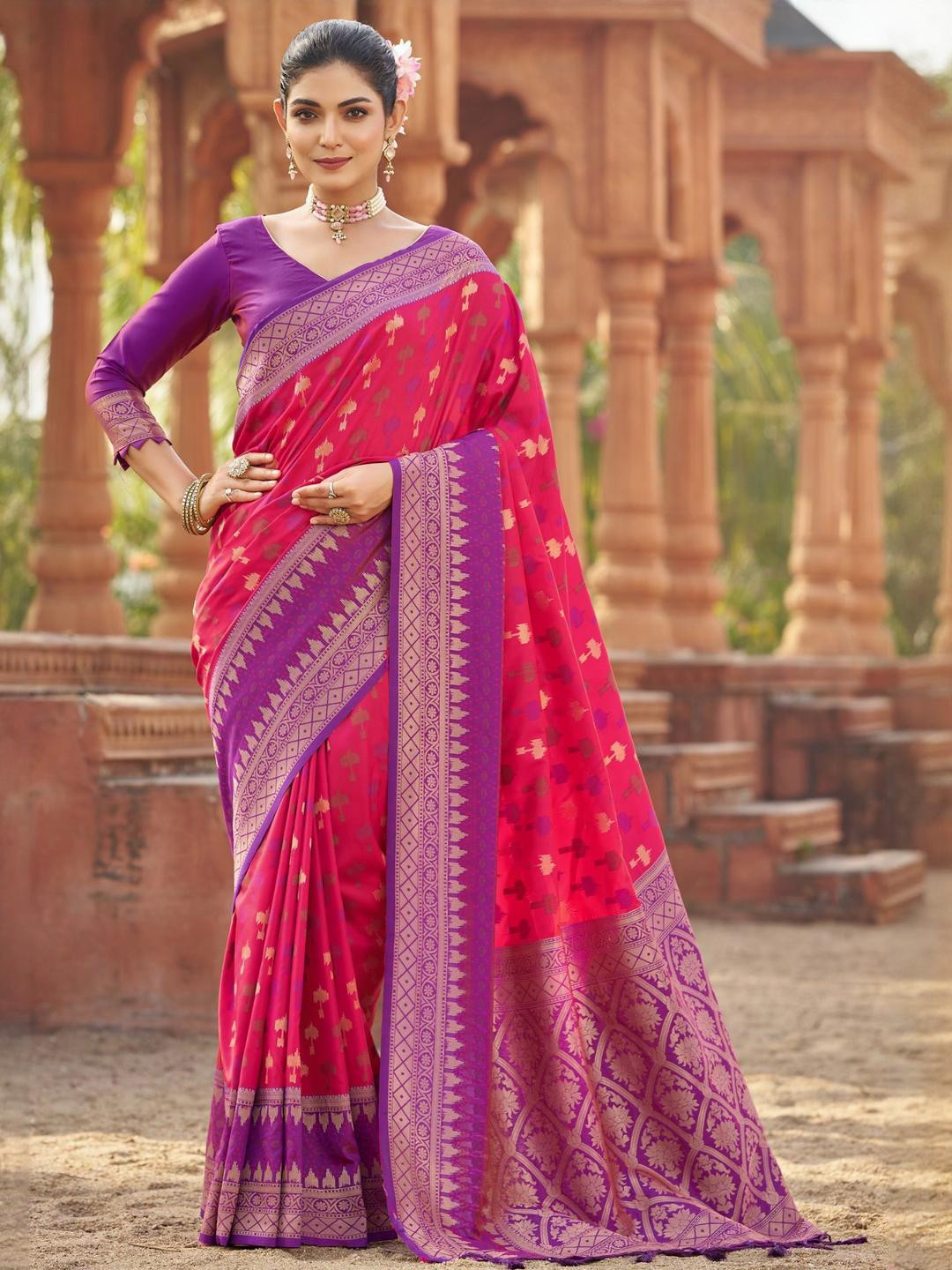all about you Pink Woven Design Kanjivaram Patola Pure Soft Silk Saree