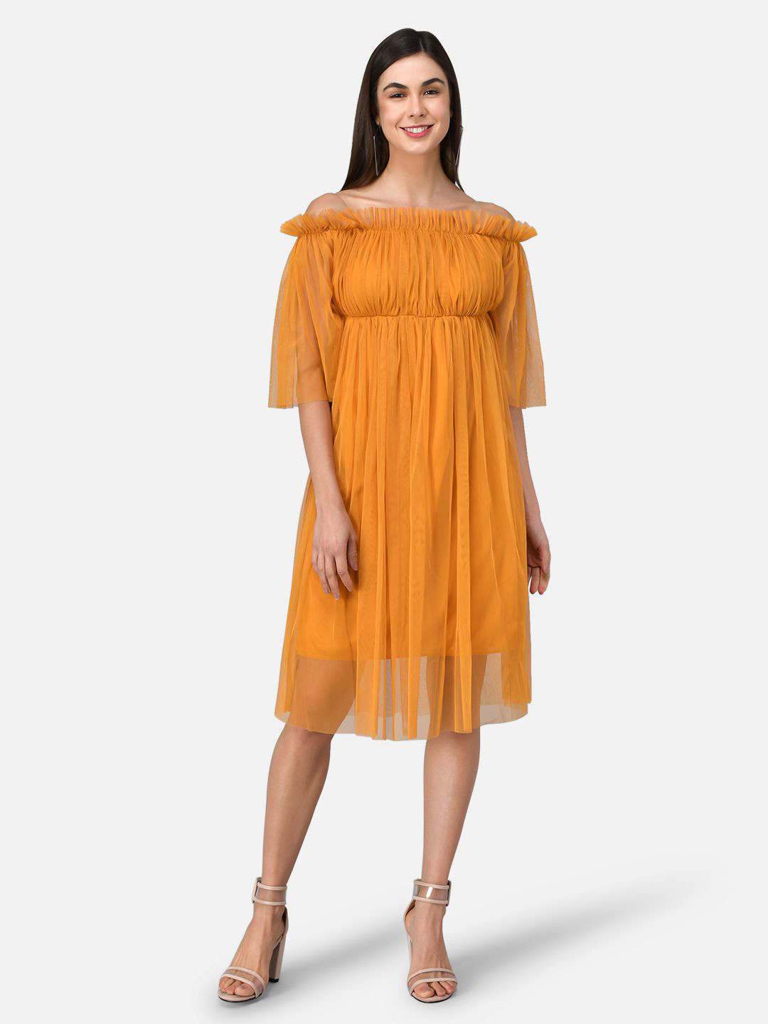TANDUL Women Off-Shoulder Flared Sleeves Gathered or Pleated Empire Dress