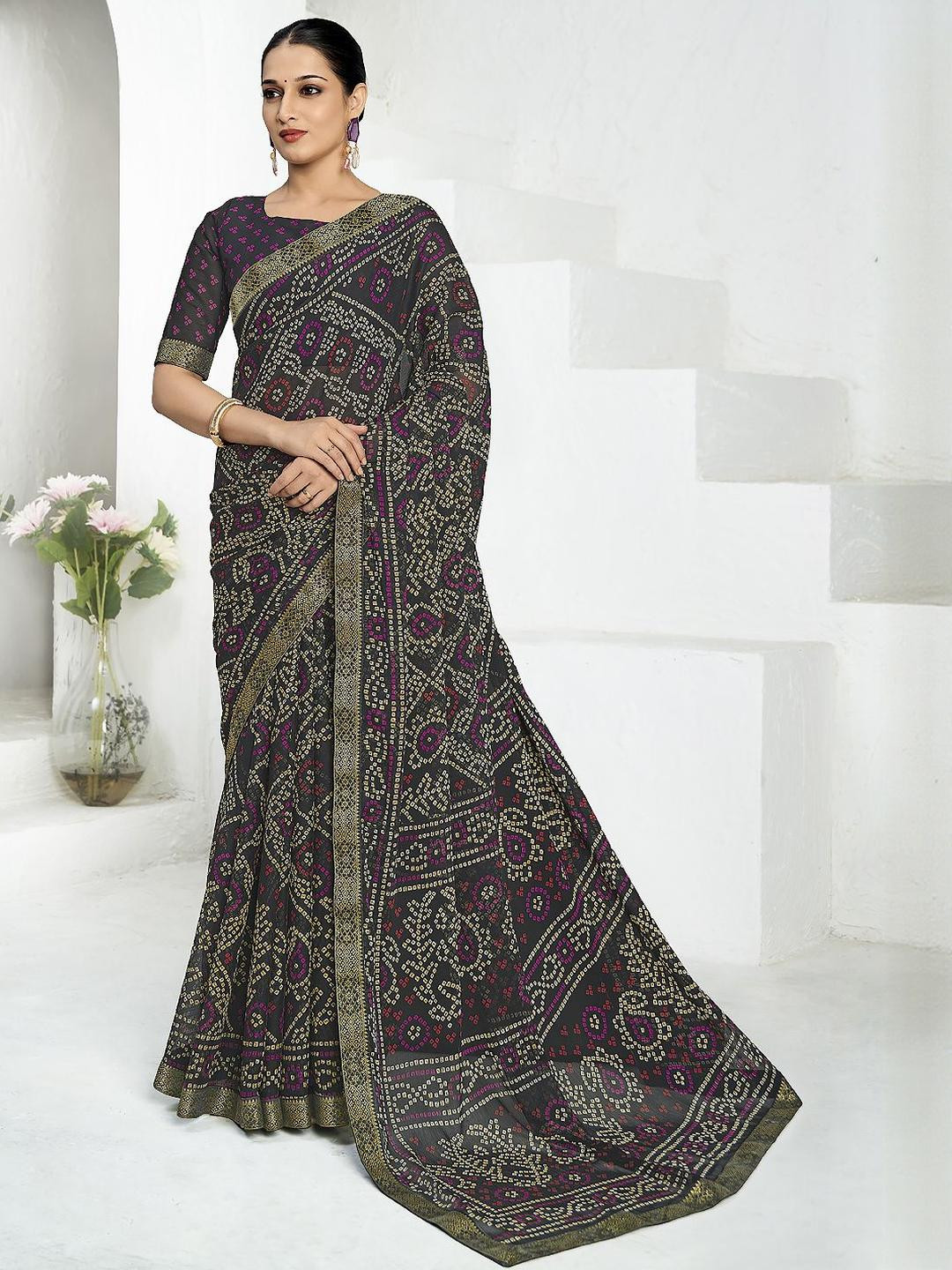 KALINI Black B&hani Chiffon Saree With Attached Lace & Matching Blouse Piece