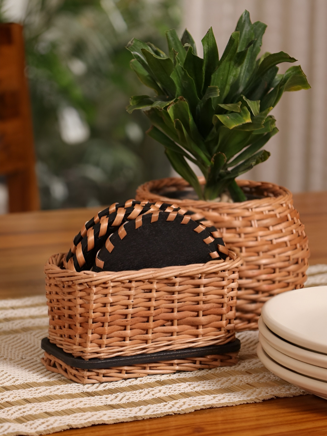Peepul Tree Wicker 6-Pcs Brown & Beige Coasters With Holder For Tea Coffee Dining