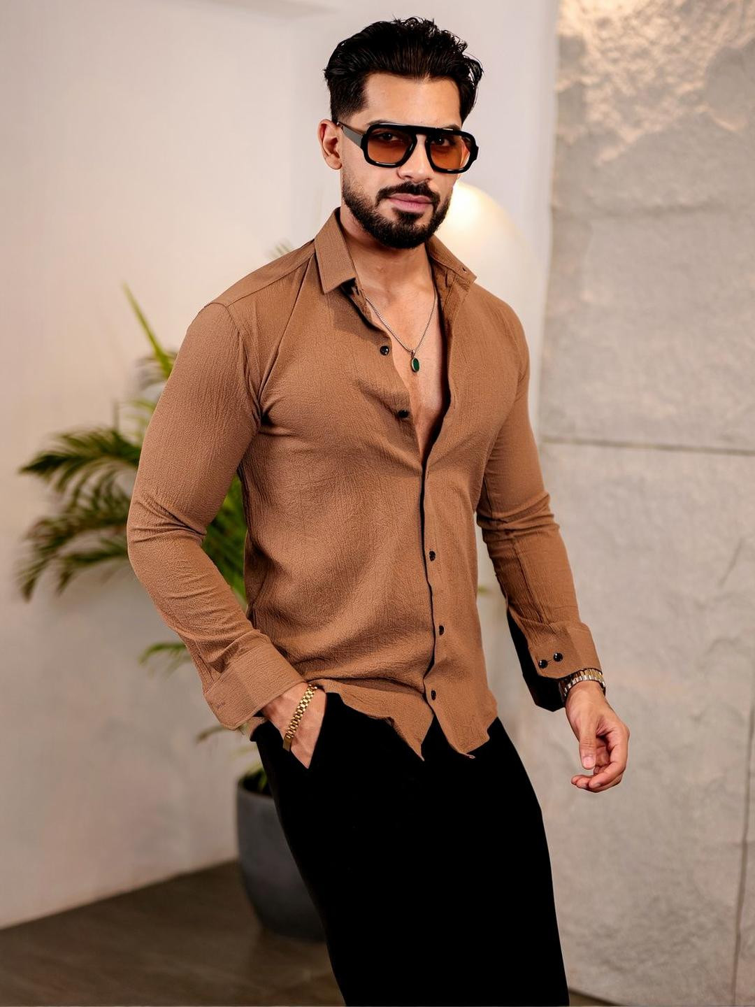 VORTEX Original Textured Spread Collar Slim Fit Shirt