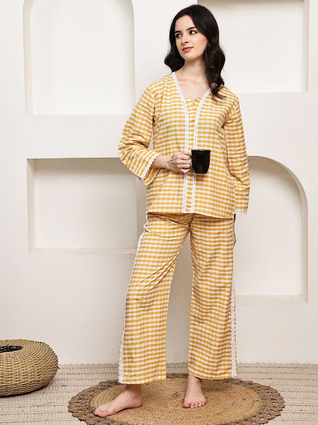 ETC Women Checked Top & Pyjama Night suit with Lace Trim