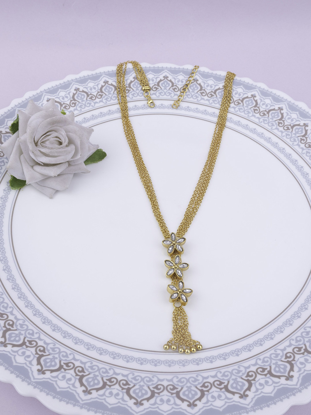 Shyle 925 Sterling Silver Gold Plated Kundan Studded Flower Sequence Necklace