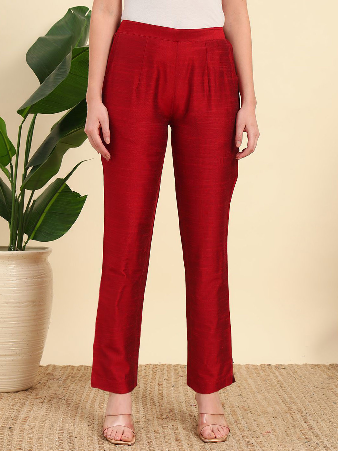 VOGAAN Women Original Cotton Slim Fit Trousers with Half-Elasticated Waist