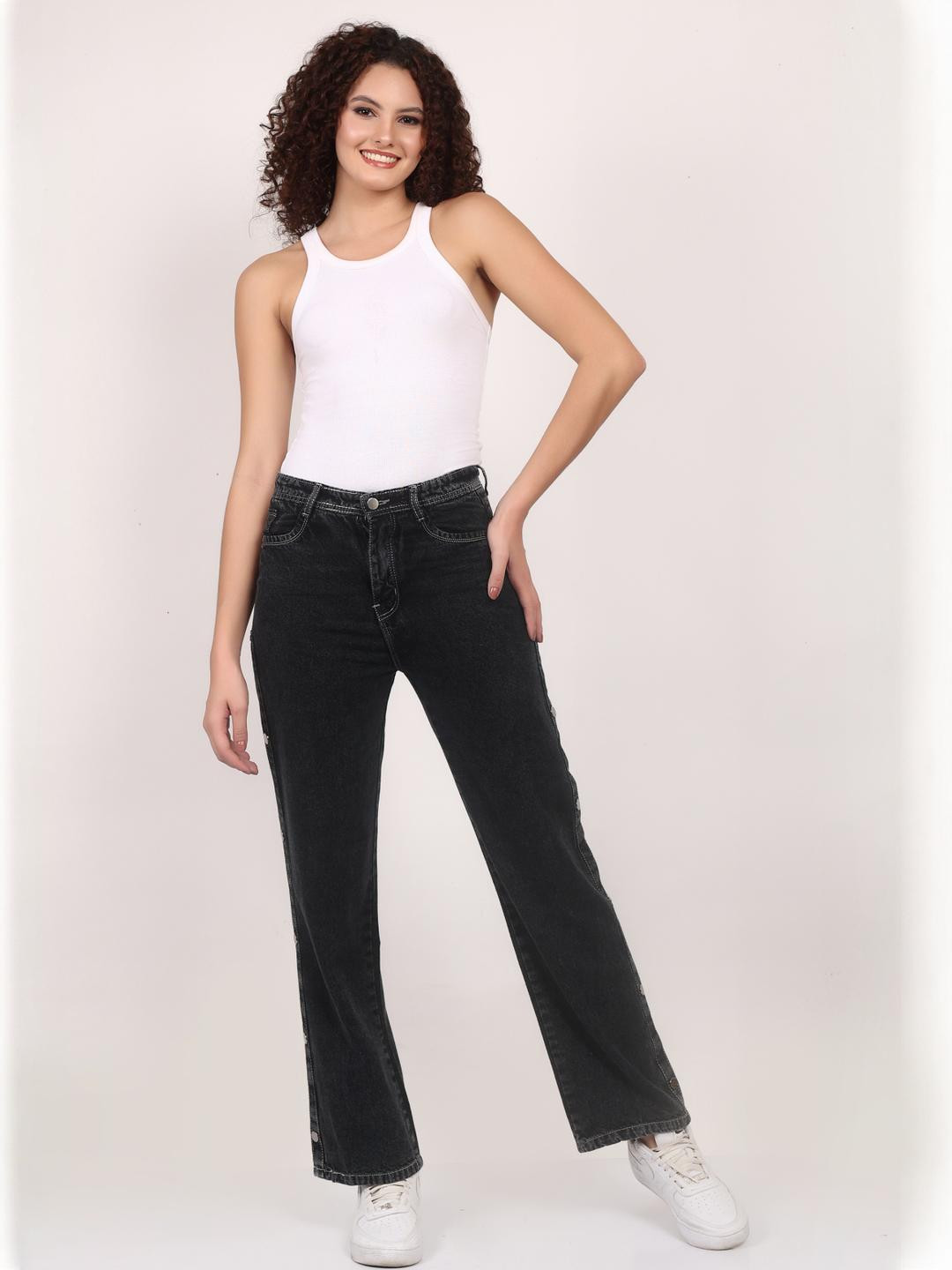 Women Black Straight Fancy Denim Jeans