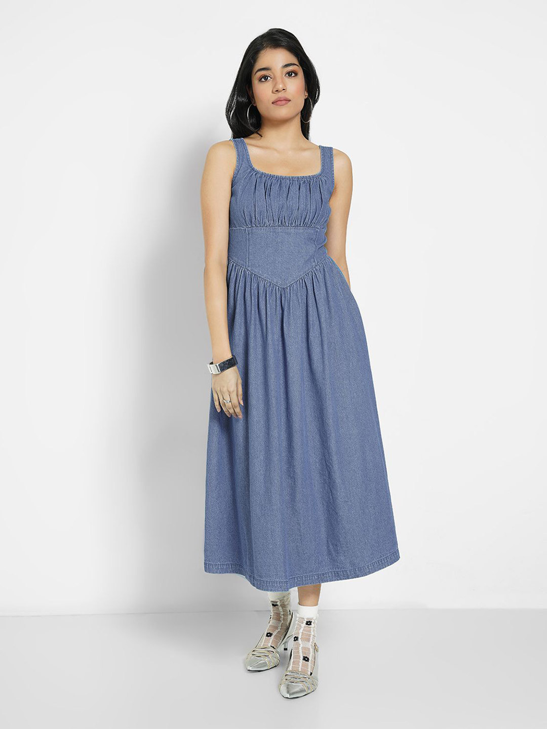 SF JEANS by Pantaloons Women Square Neck Denim Corset Midi Dress