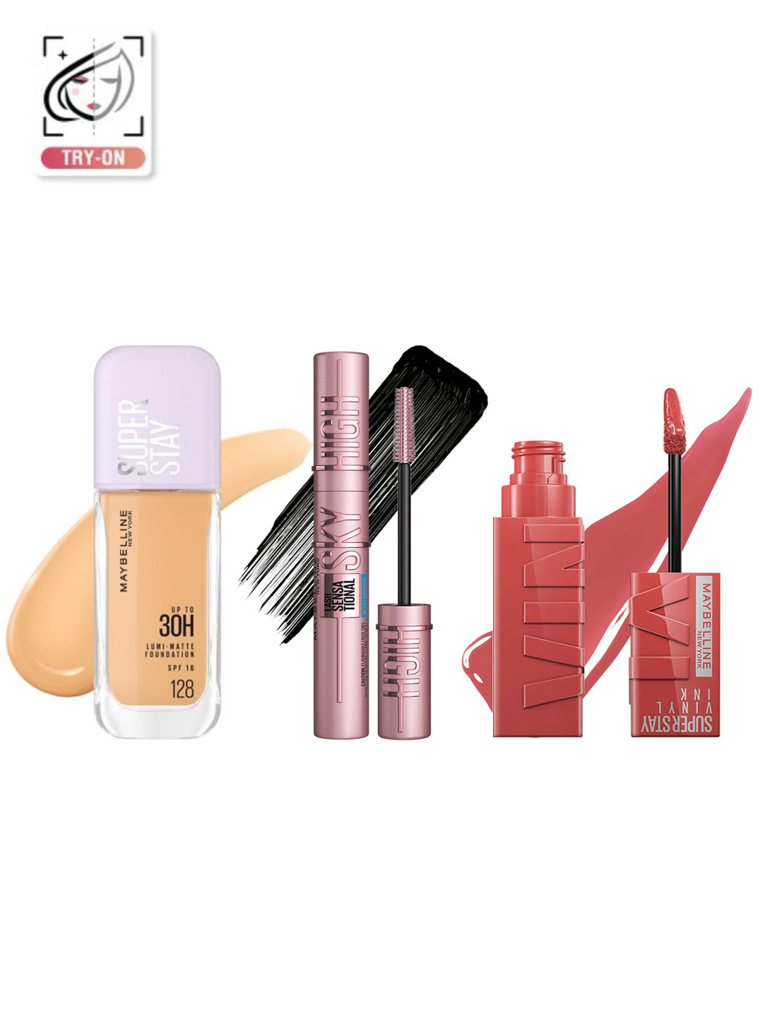 Maybelline Set of Superstay Vinyl Ink Lipstick + Lumi-Matte Foundation + Sky High Mascara