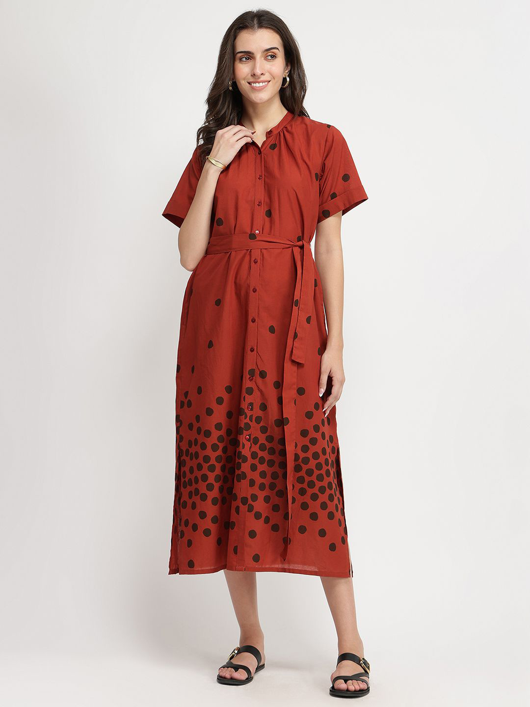 Pink Fort Polka Dot Print Shirt Midi Dress