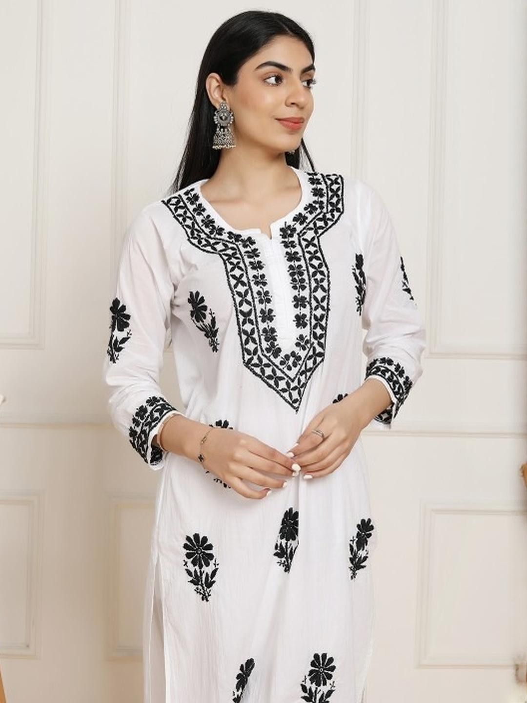 MALABIS.in White Base Mulmul Straight Fit Long Chikankari kurti With Colorful Threadworks