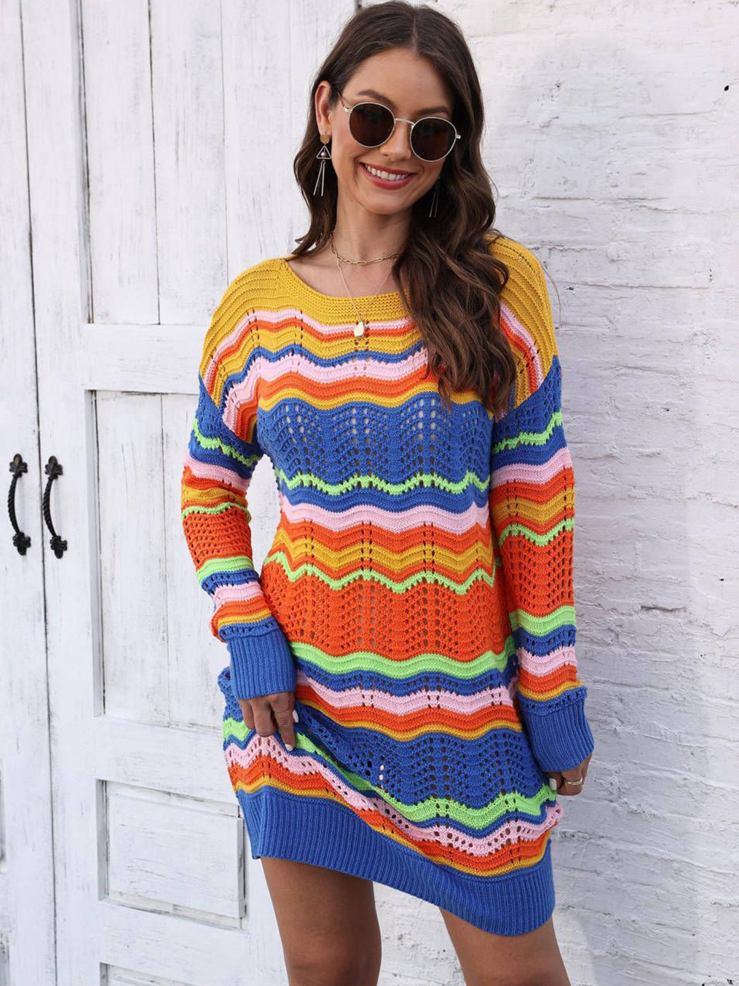 bebe Multicolored Wavy Stripes Open-Knit Crew Neck Jumper Mini Dress