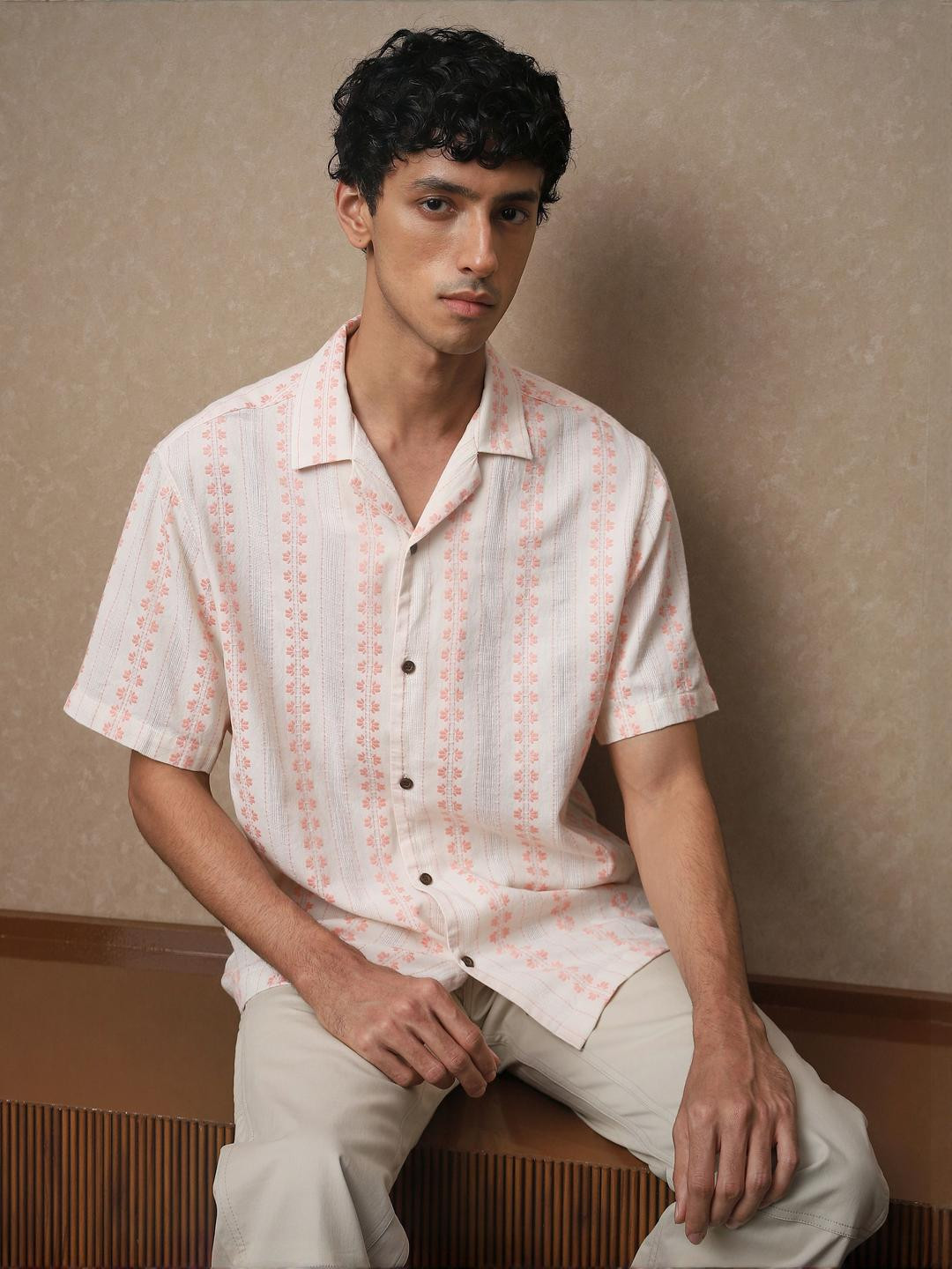 4 TRIPLE O FIVE O BY MUFTI Striped Cuban Collar Short Sleeves Cotton Oversized Shirt