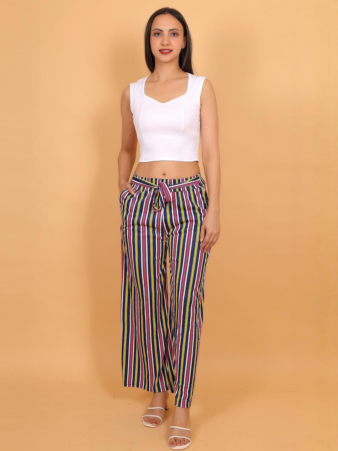 Mytrendzs Women Pink Multicolor Striped Palazzo with Belt & Dual Side Pockets