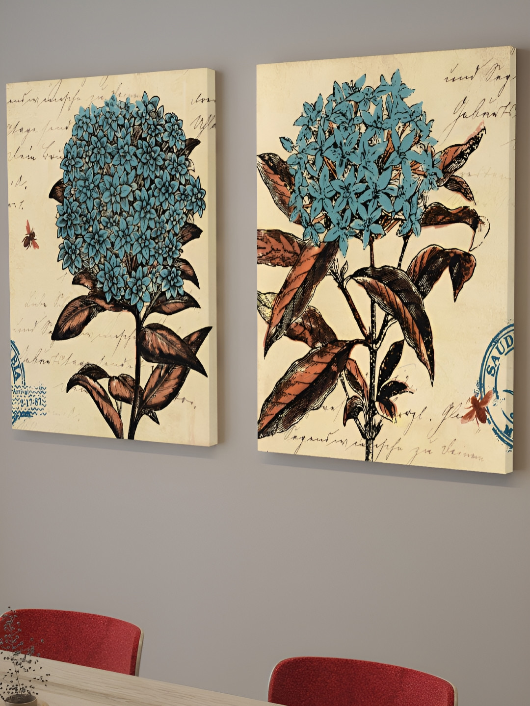 Myntra Elegant Homes Blue Floral Canvas Painting Abstract Landscape 2-Frame Wall Art