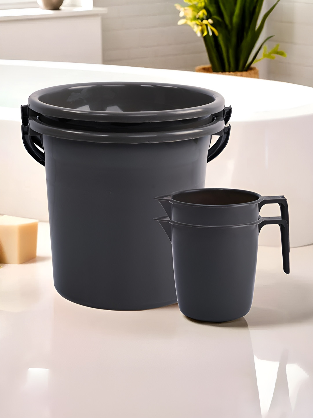 Aura Grey 4 Pieces Bucket & Mug Bath Accessories Set
