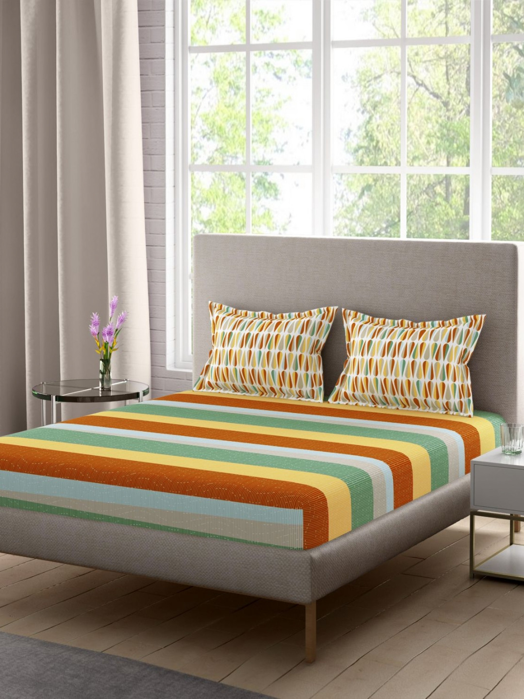 Portico Sparkling Spaces Yellow Abstract Cotton 144 TC Queen Bedsheet Set-2.24 m X 2.54 m