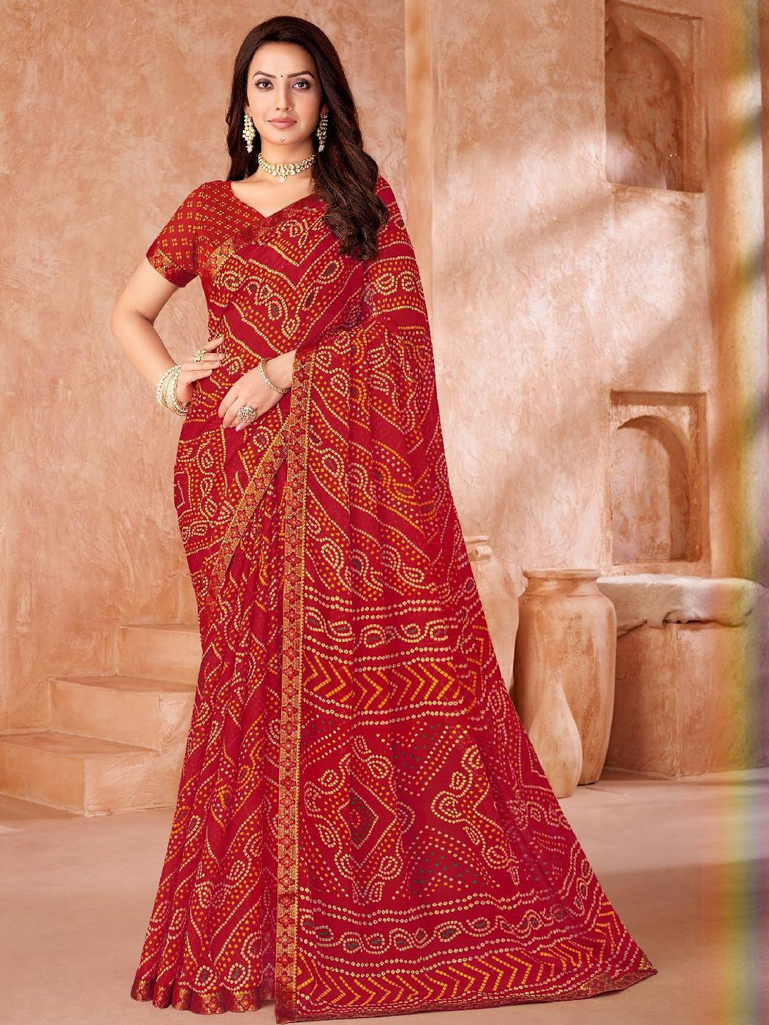 KALINI Red Bandhani Saree With Attached Lace & Matching Blouse Piece