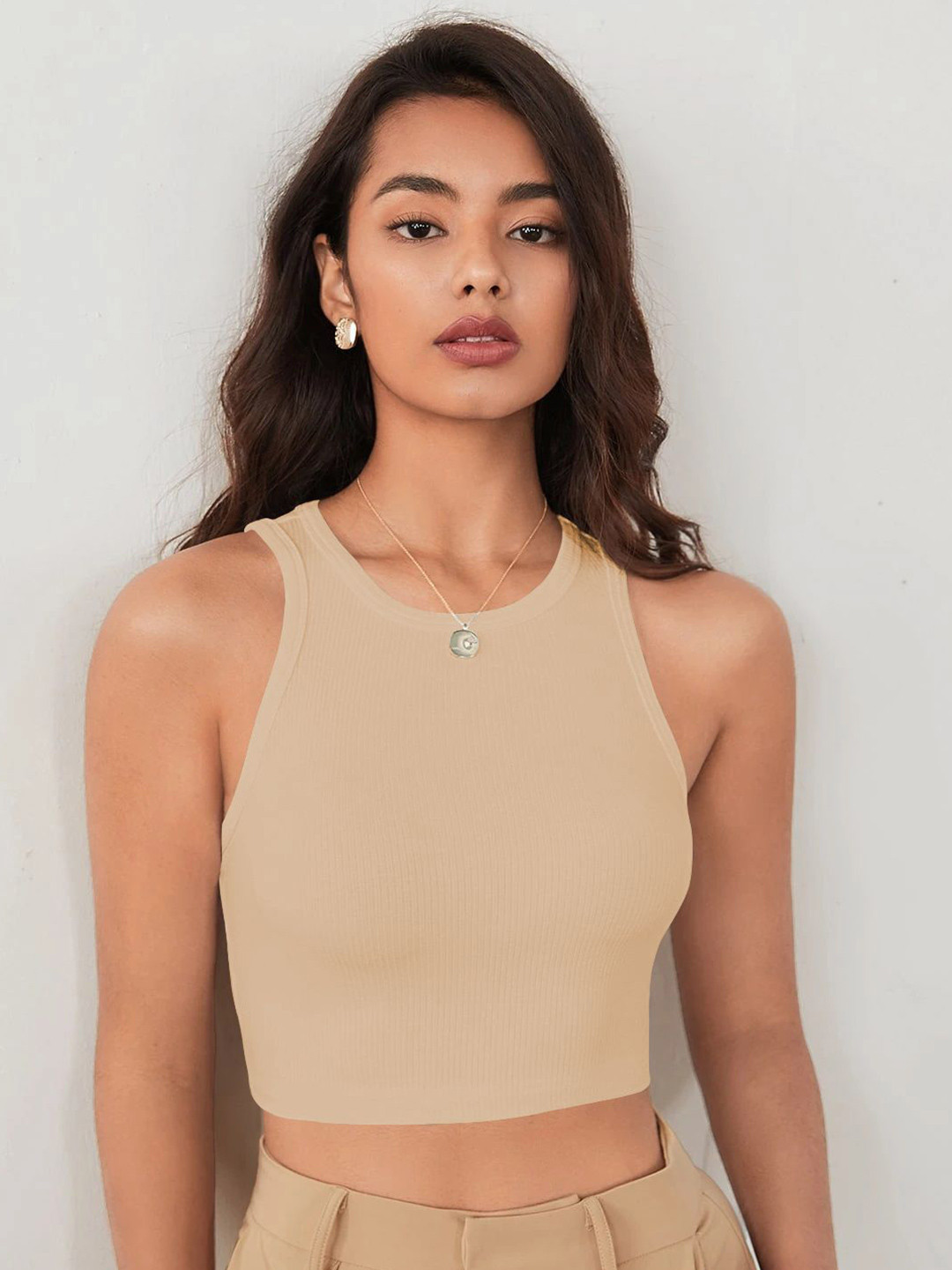 KERI PERRY Ribbed Round Neck Fitted Lycra Crop Top