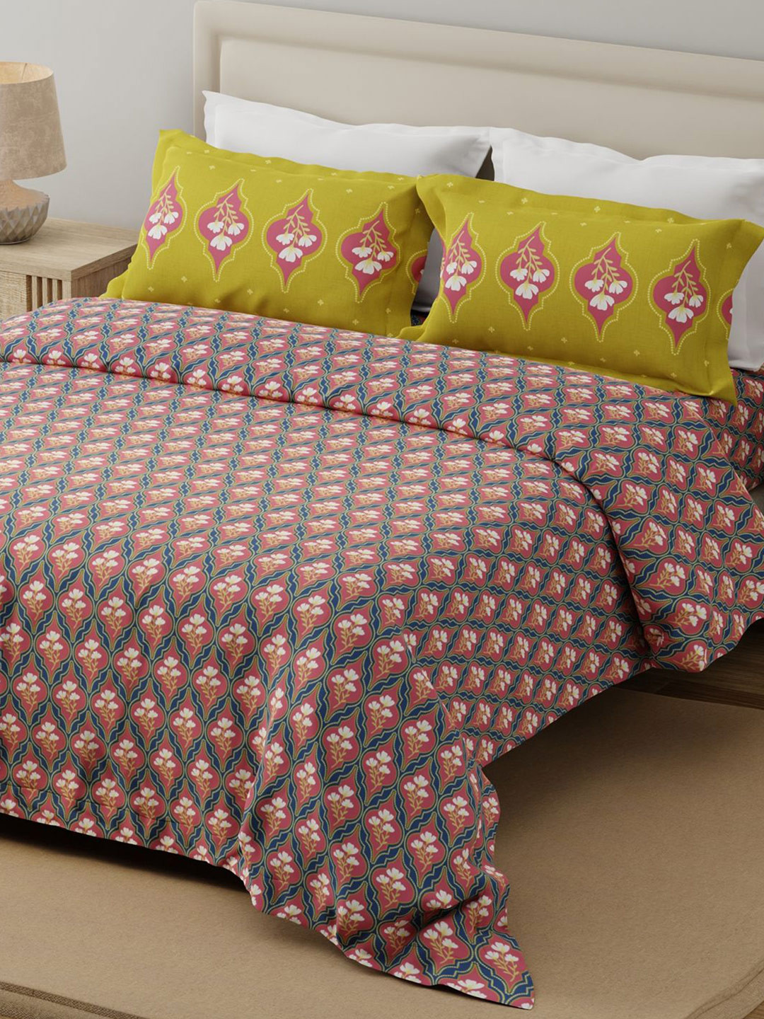 Layers Forever Pink Floral Pure Cotton 120 TC Double Queen Bedsheet Set-2.54mx2.24m