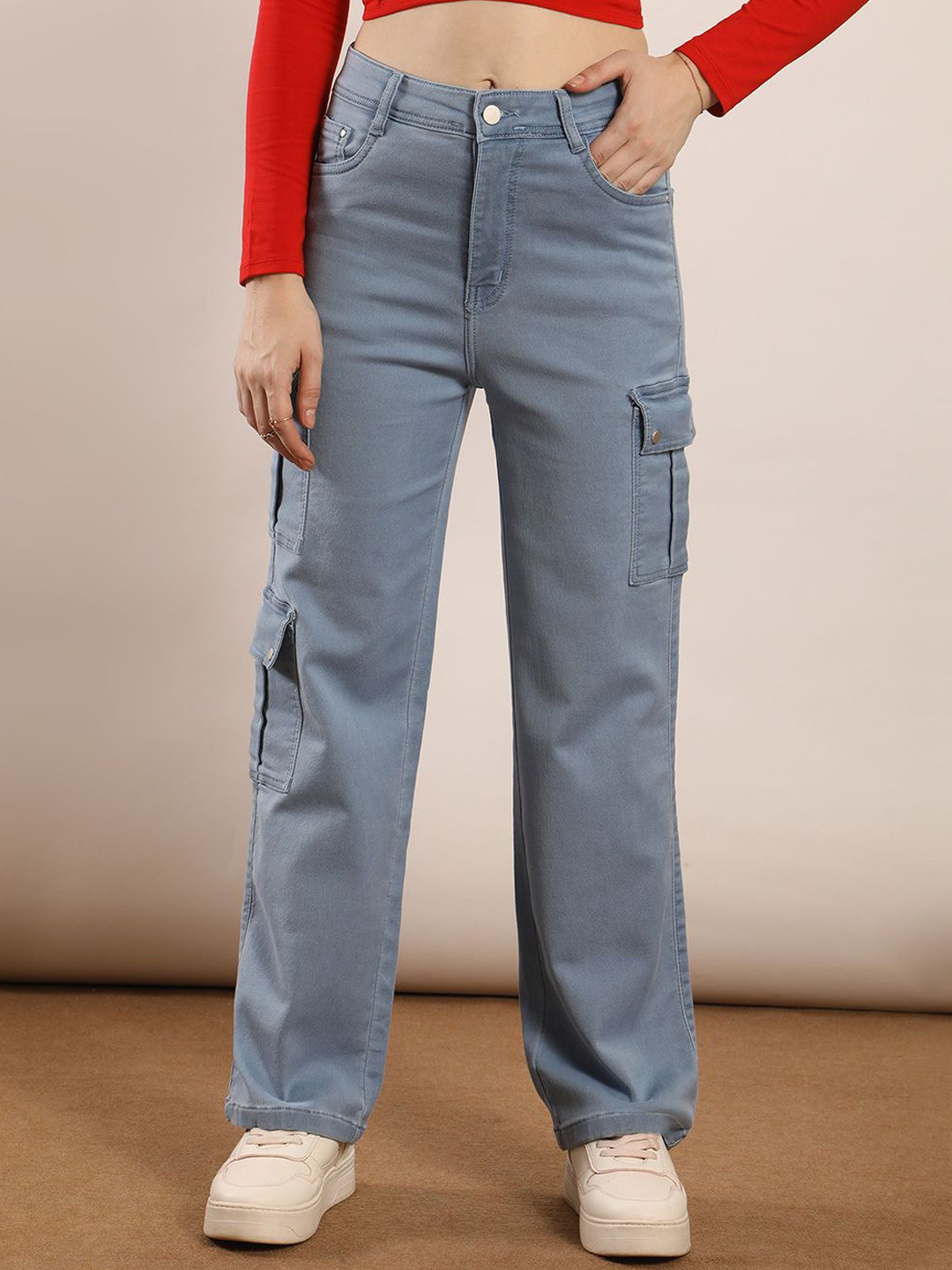 FIREAGE Women Vegas Straight Fit High-Rise Stretchable Denim Seven Pocket Cargo Jeans