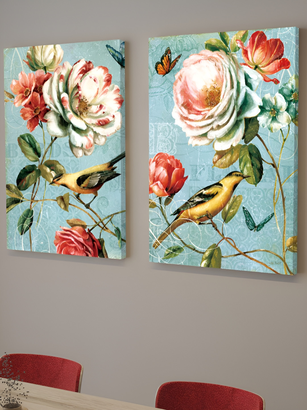 Myntra Elegant Homes Pink Set of 2 Piece Beautiful Flower Bird Abstract Wall Art