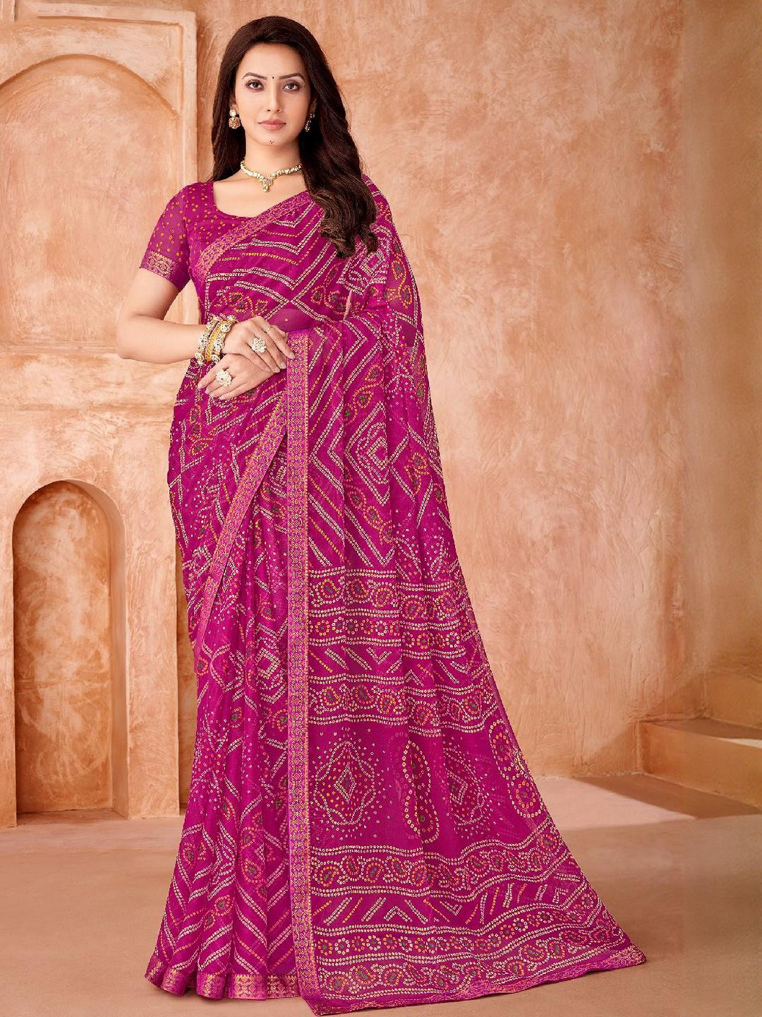 KALINI Bandhani Saree With Attached Lace And Matching Blouse Piece